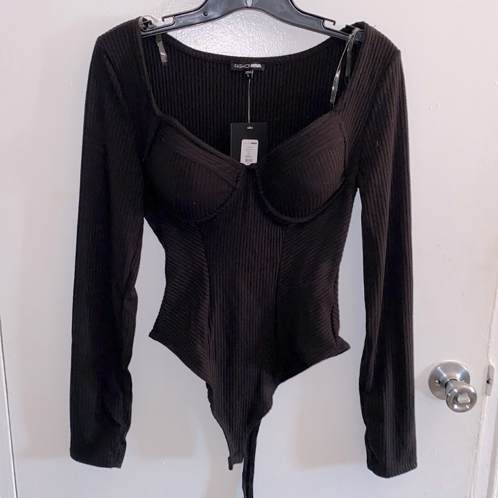 NWT FASHION NOVA “Pauline” black long sleeve bodysuit size Large